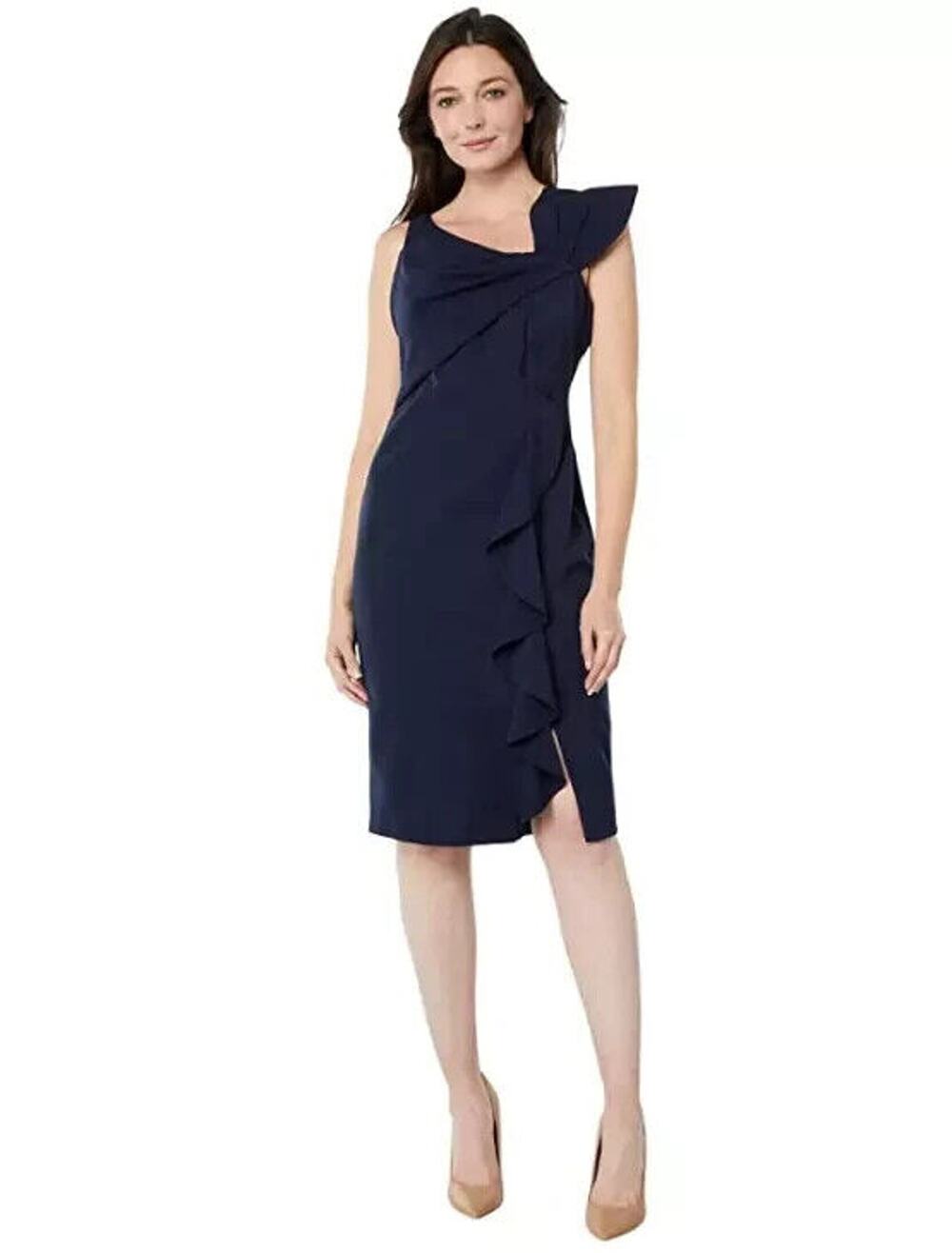 Marina Sheath Dress Women's 14 Navy Blue Ruffle Bow Shoulder Sleeveless B62